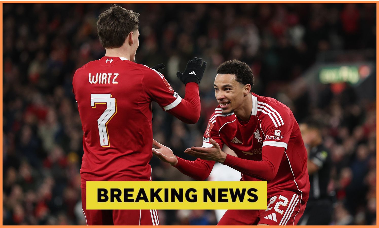 Florian Wirtz and Hugo Ekitike celebrate during Liverpool's win vs Barnsley