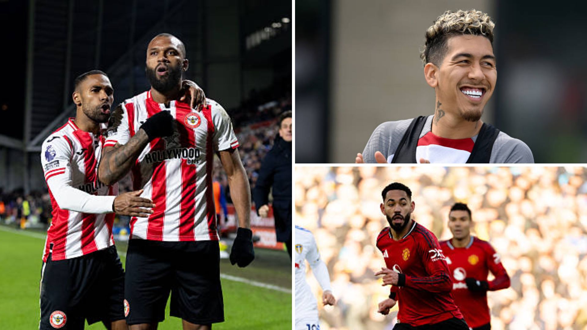 Split image of Igor Thiago, Matheus Cunha and Roberto Firmino
