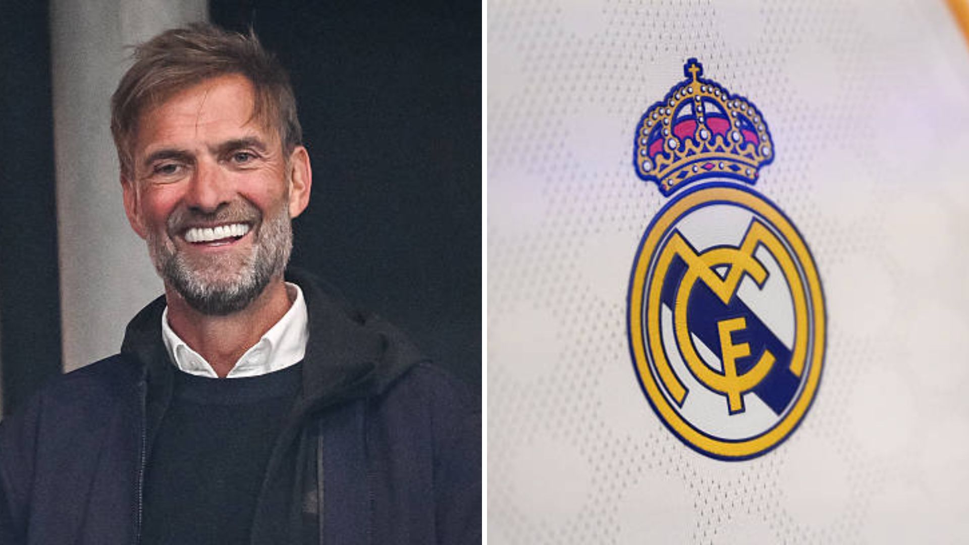 Split image of Jurgen Klopp and Real Madrid badge