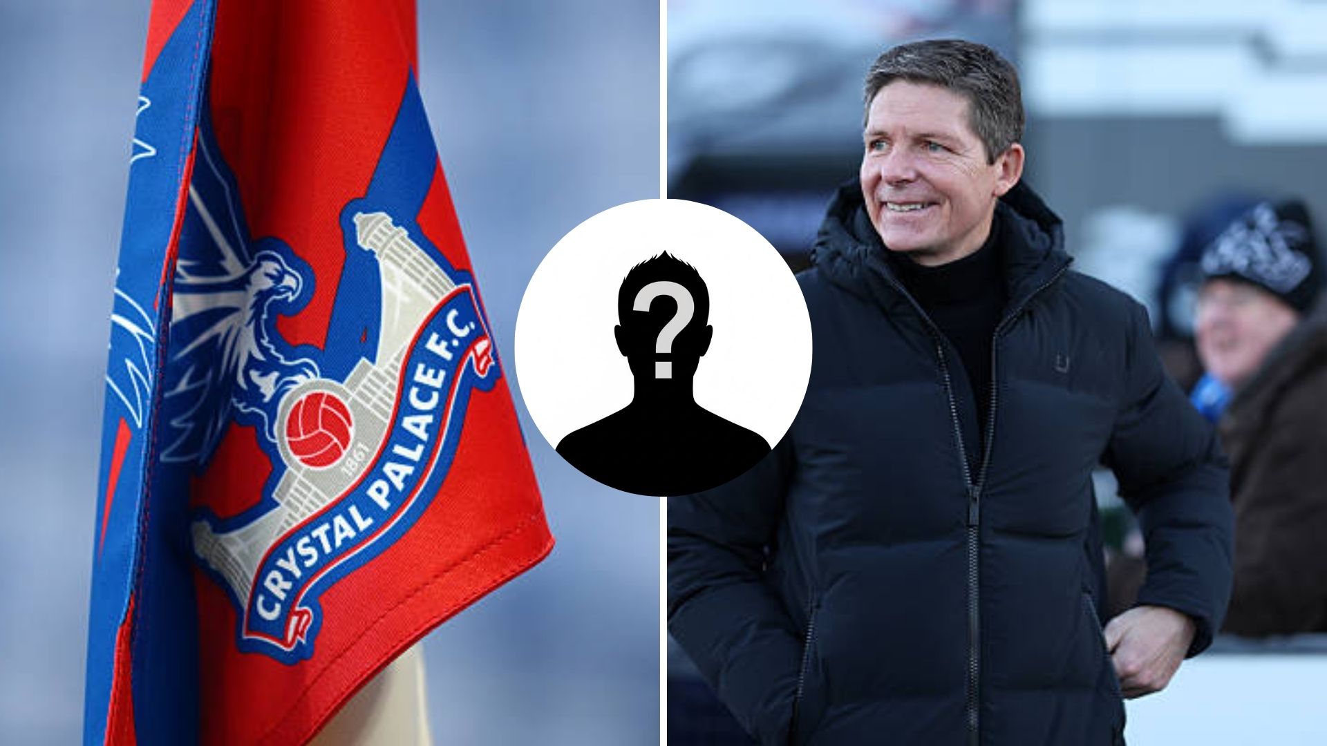 Split image of Crystal Palace corner flag and Oliver Glasner with mystery player overlay