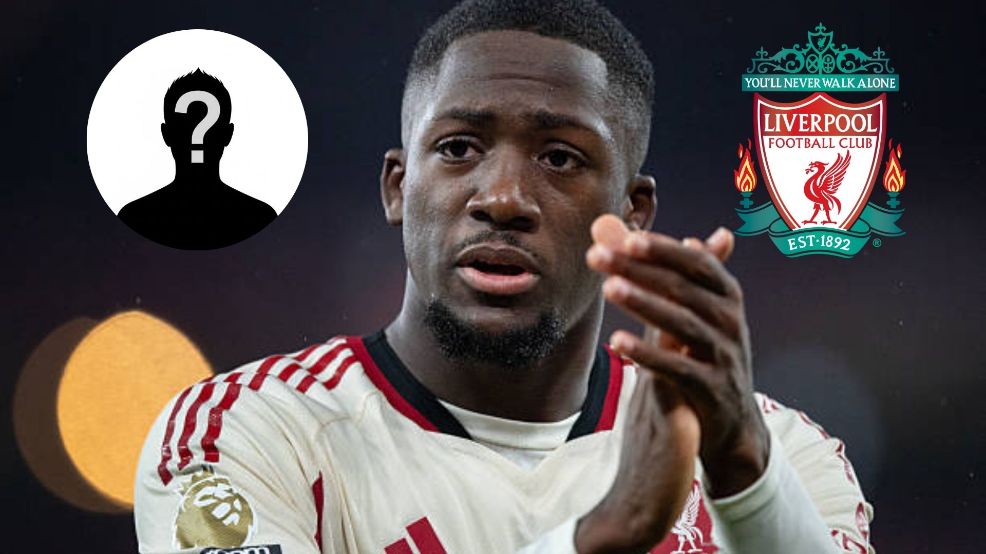 Liverpool star Ibrahima Konate with overlay of mystery player and Liverpool badge