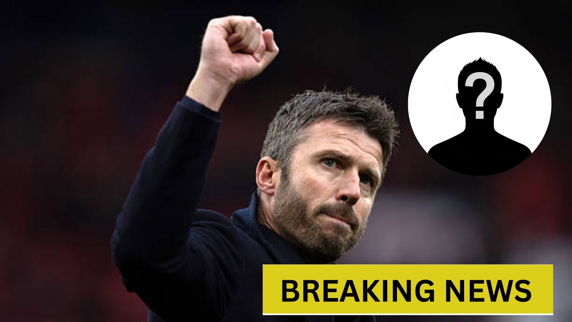 Manchester United manager Michael Carrick after winning the derby with overlay of mystery player and breaking news