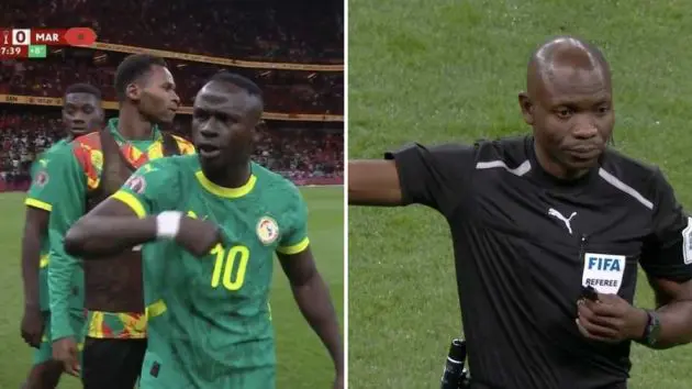 Split image of Sadio Made urging his teammates to come back on and the official in the mids of the controversy