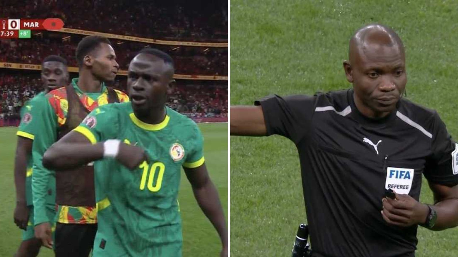 Split image of Sadio Made urging his teammates to come back on and the official in the mids of the controversy