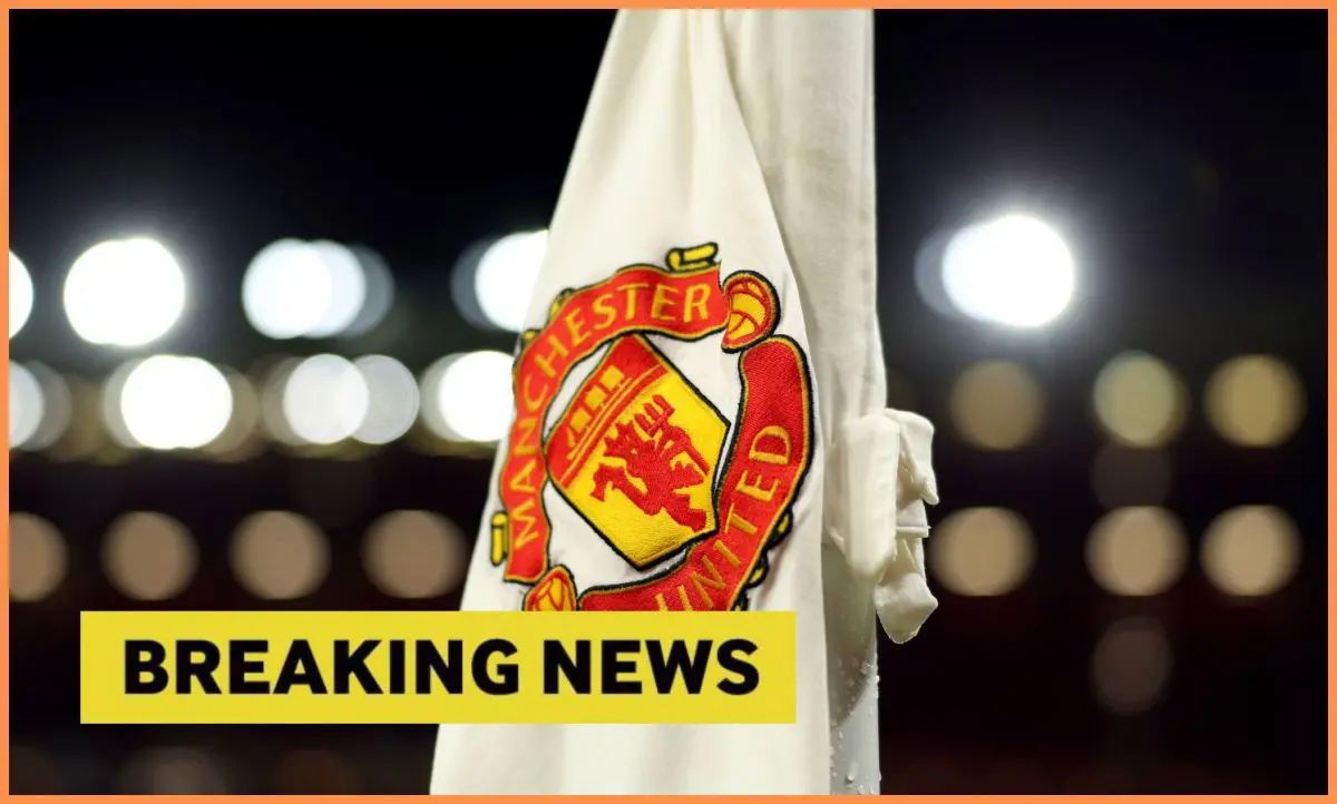 Manchester United corner flag with breaking news overlay
