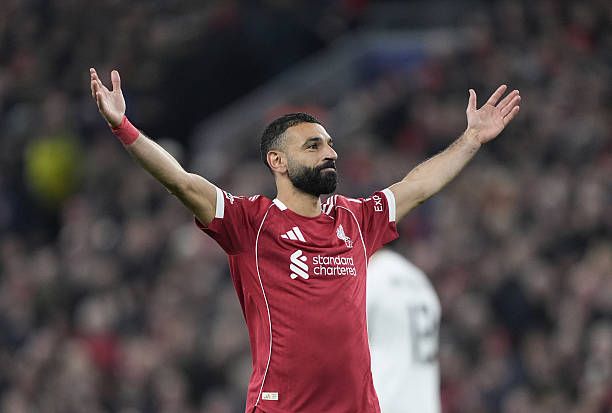 Liverpool's Mohamed Salah celebrates scoring their side's third goal of the game during the UEFA Champions League, league phase match at Anfield