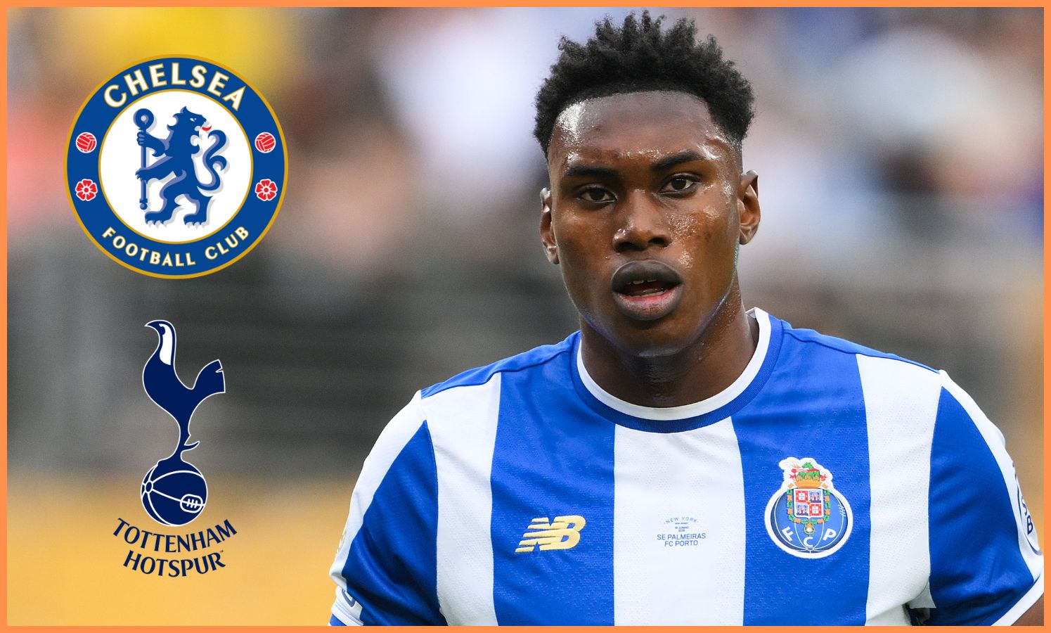 Samu Aghehowa of Porto, plus Chelsea and Tottenham badges