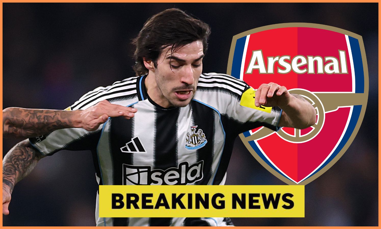 Sandro Tonali in action for Newcastle, and 'breaking news' banner