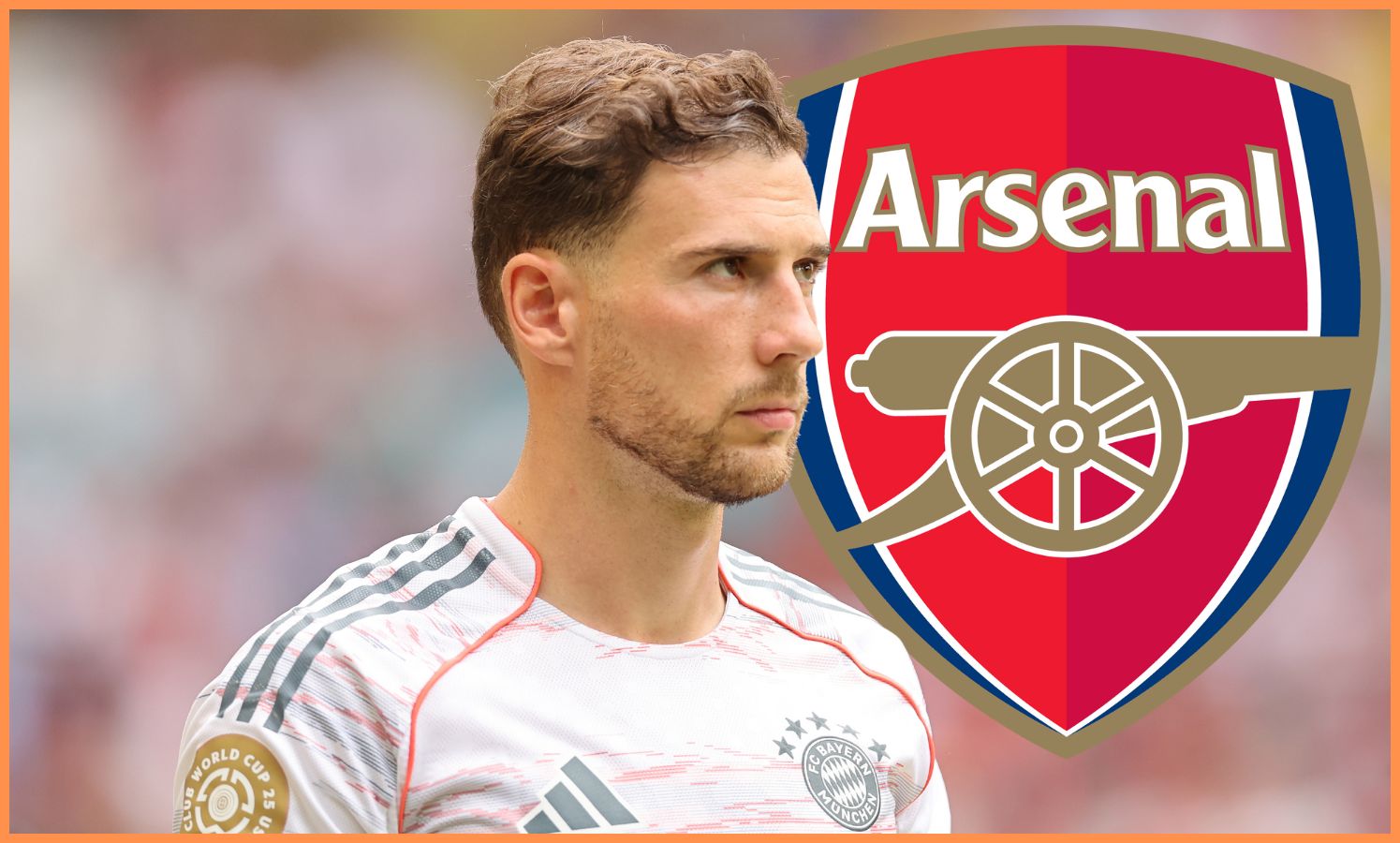 Bayern Munich midfielder Leon Goretzka, plus Arsenal logo