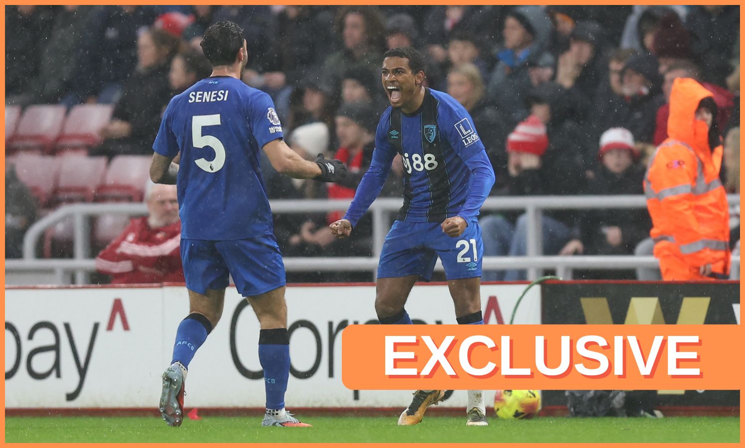 Marcos Senesi celebrates with Bournemouth teammate Amine Adli