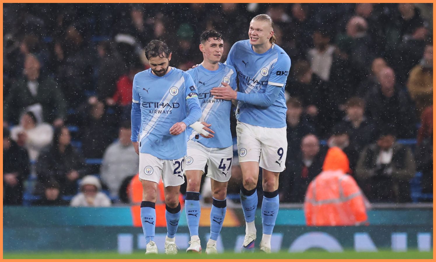 Erling Haaland with Phil Foden and Bernardo Silva