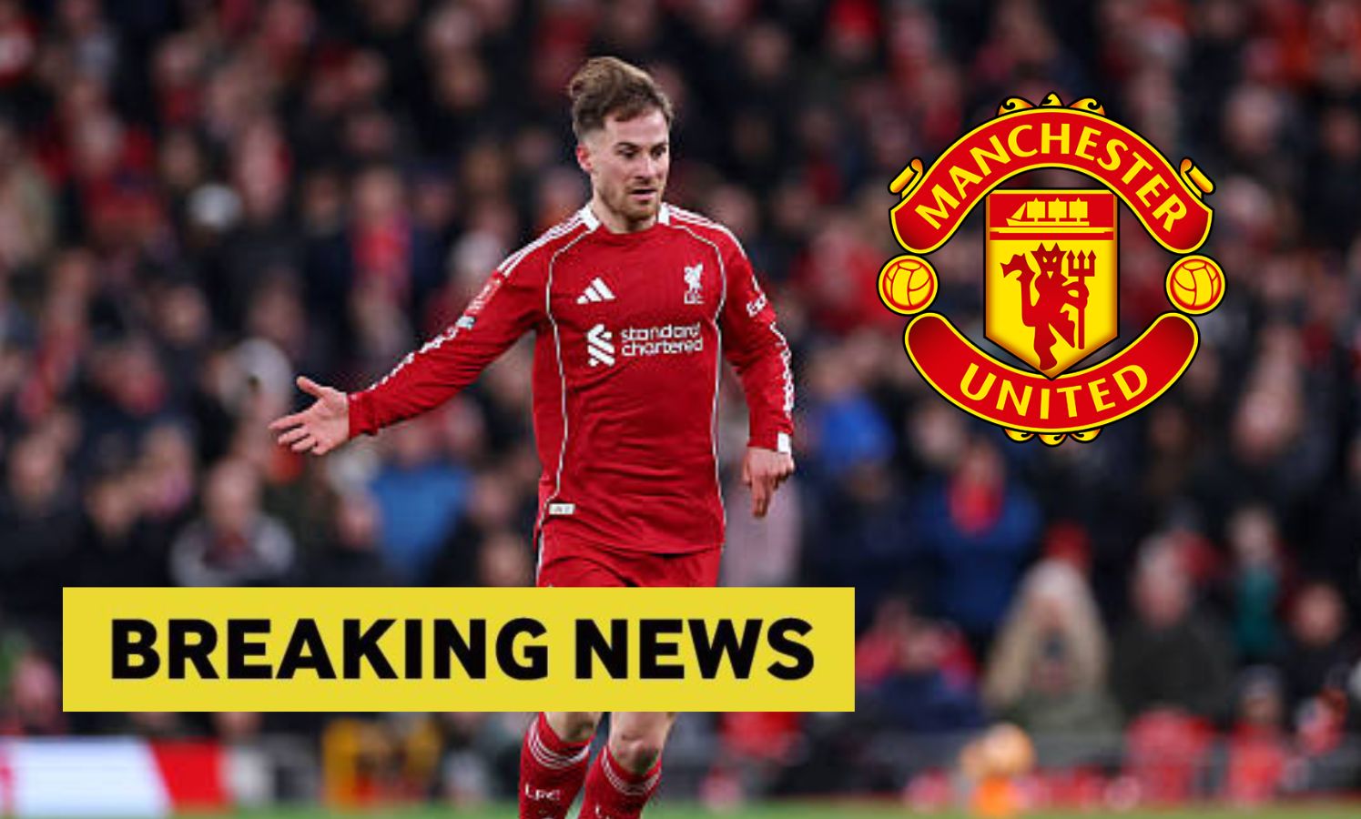 Alexis Mac Allister with overlay of Manchester United badge and breaking news