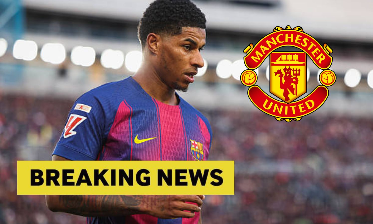 Marchus Rashford with overlay of Manchester United logo and breaking news
