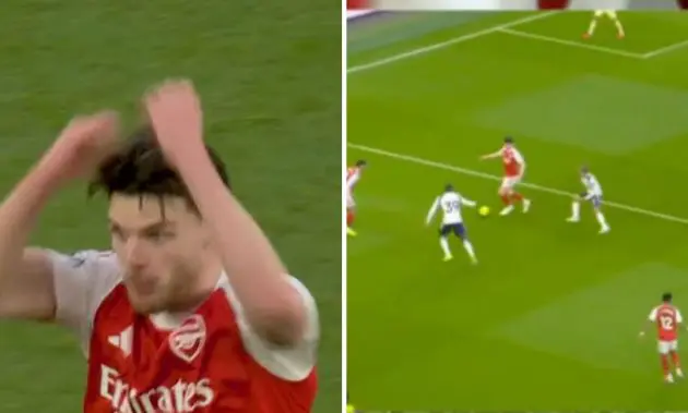 Split image of Declan Rice's mistake vs Tottenham