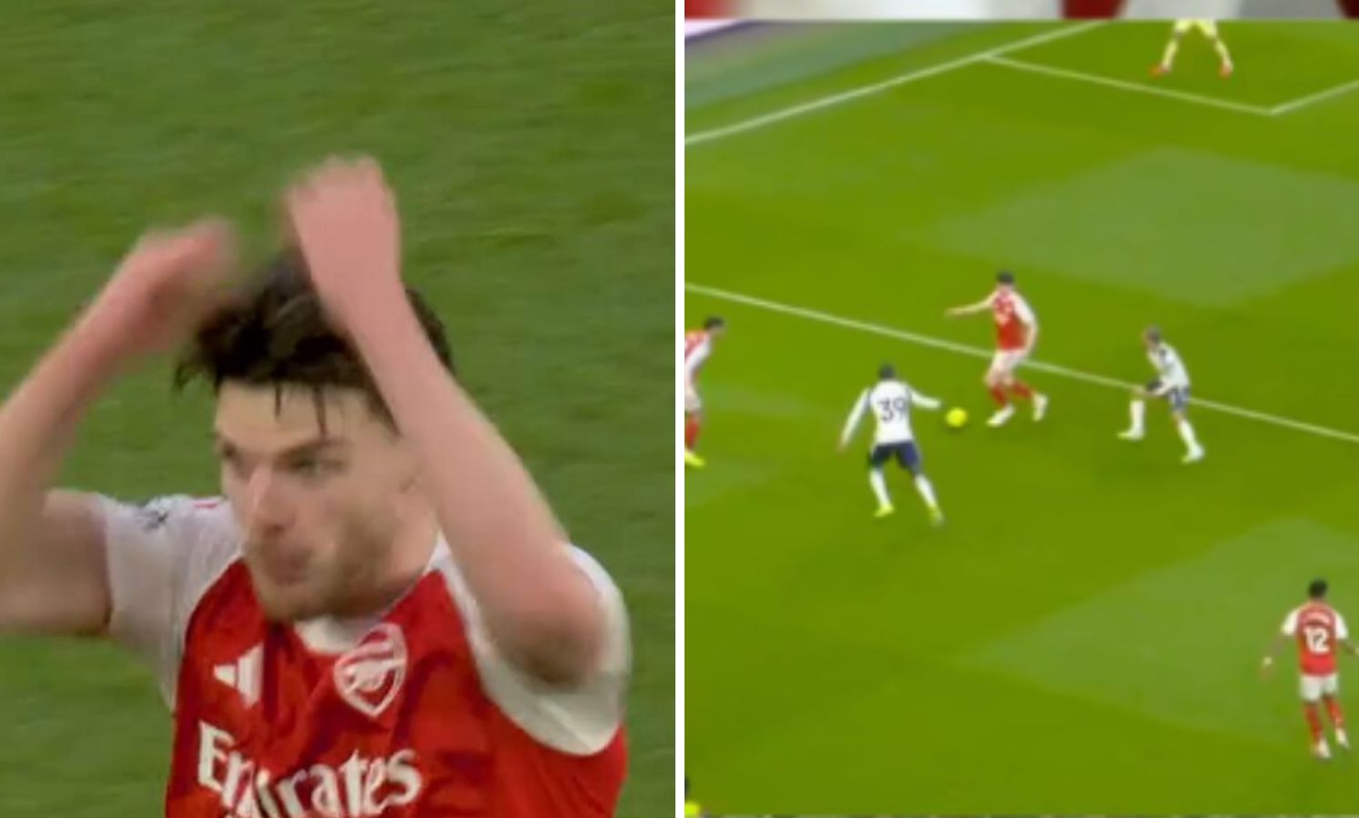 Split image of Declan Rice's mistake vs Tottenham