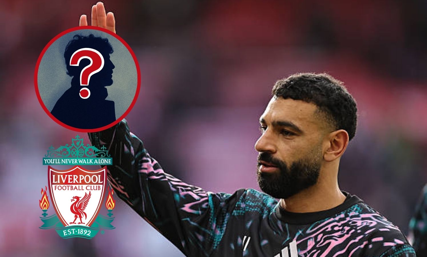 Mohamed Salah thanking Liverpool fans with overlay of Liverpool badge and mystery man