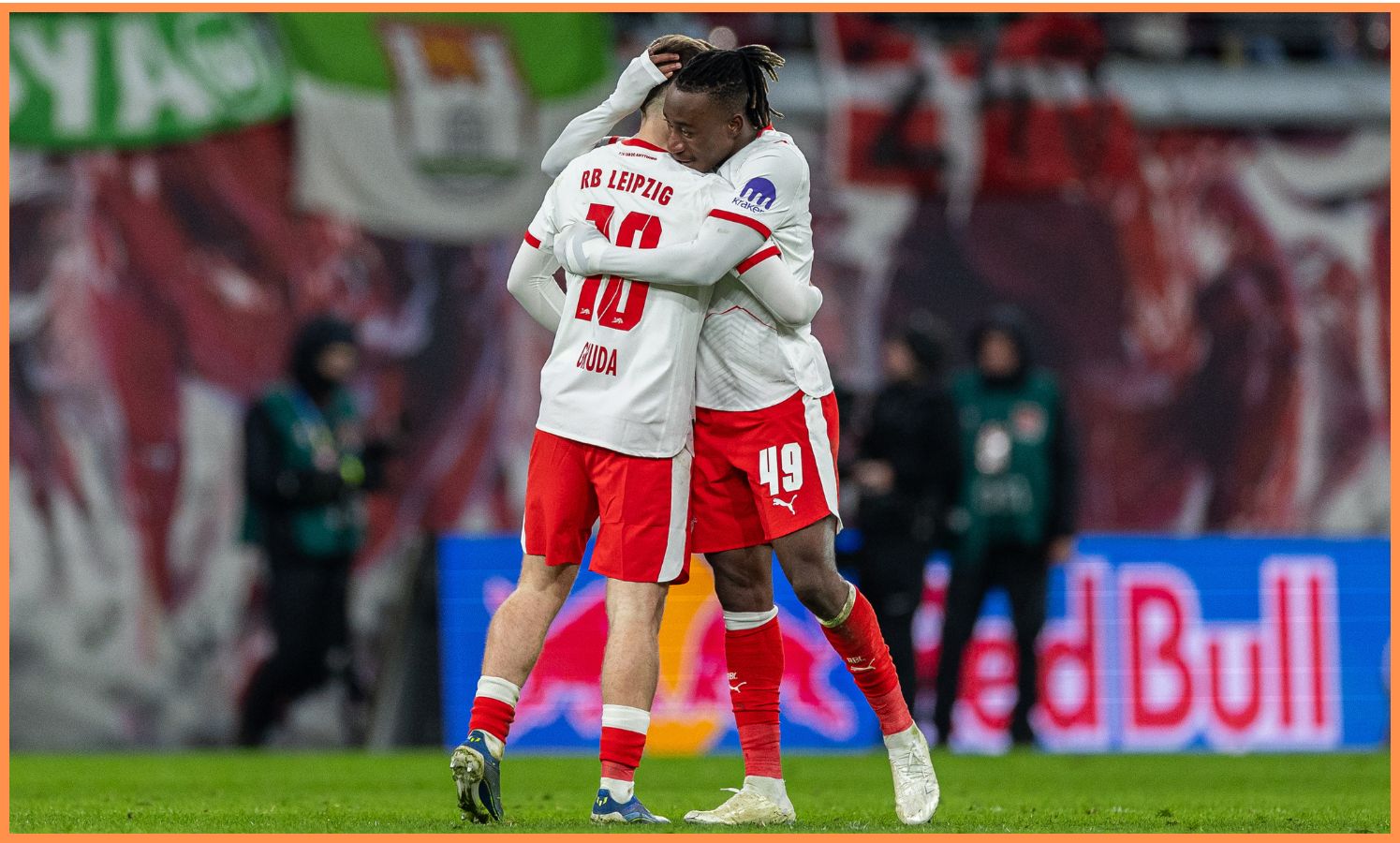 Yan Diomande celebrates with Brajan Gruda