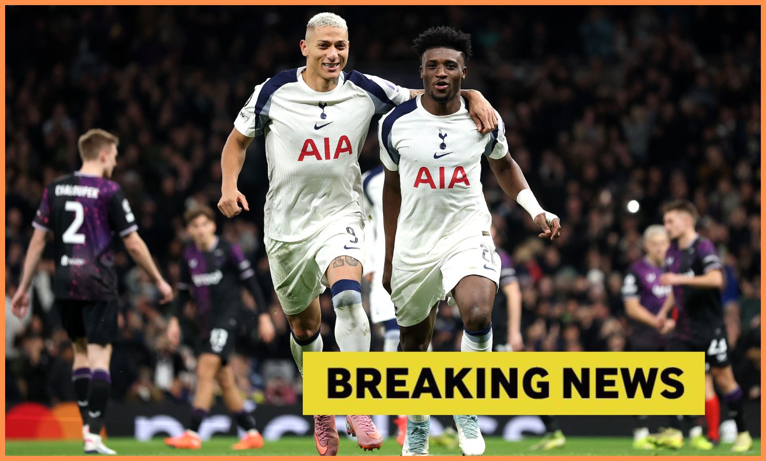 Richarlison celebrates with Tottenham teammate Mohammed Kudus