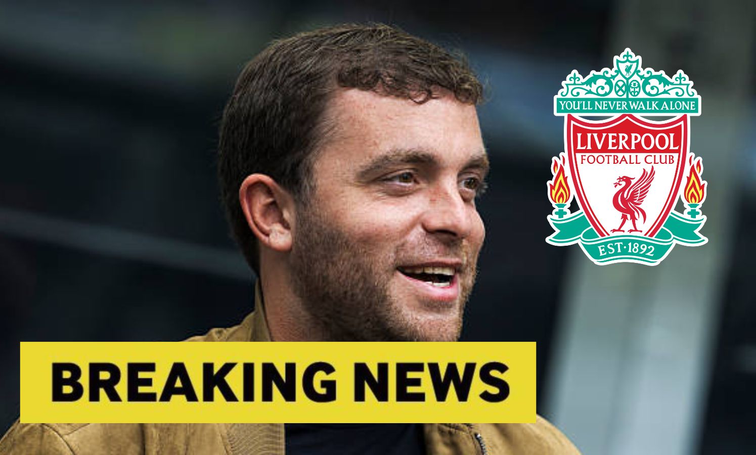 Fabrizio Romano with overlay of Liverpool badge and Breaking News