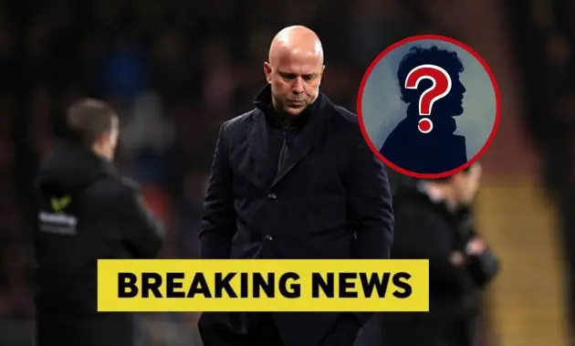Arne Slot looking dejected with overlay of mystery player and breaking news