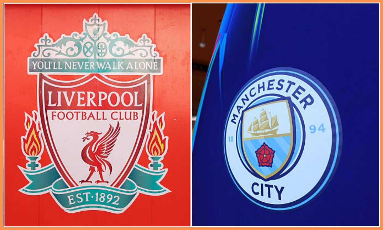 Split image of Liverpool badge and Man City badge