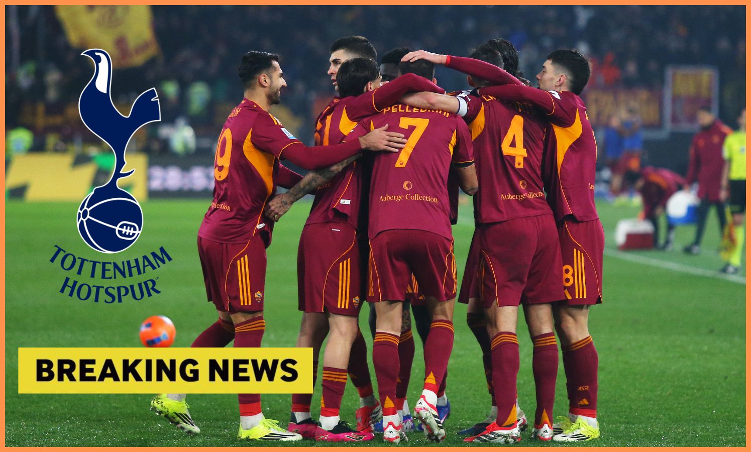 Roma players celebrate, plus 'breaking news' banner