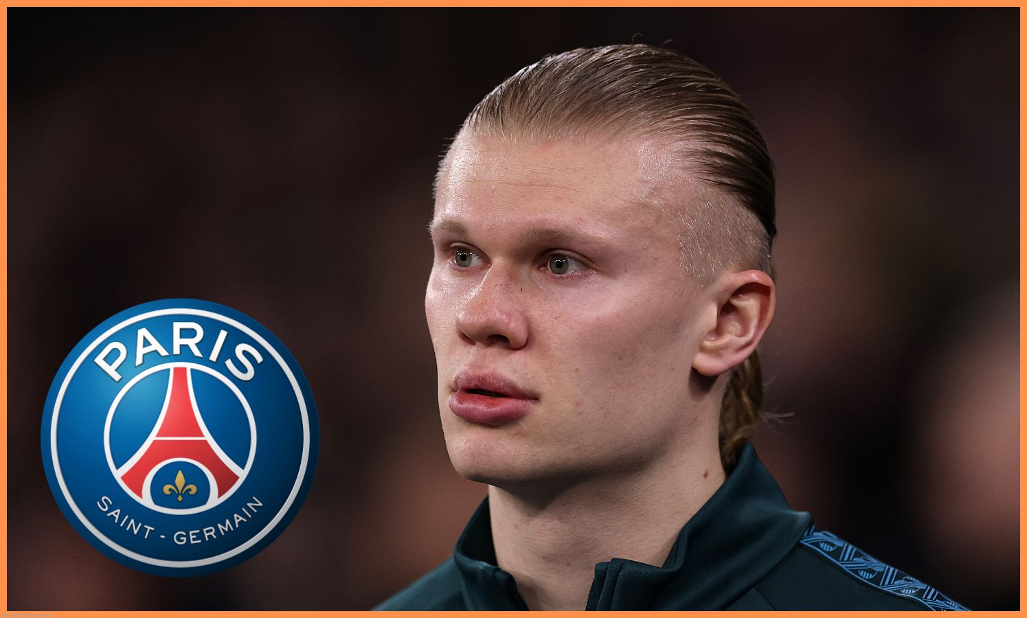 Erling Haaland and the PSG logo