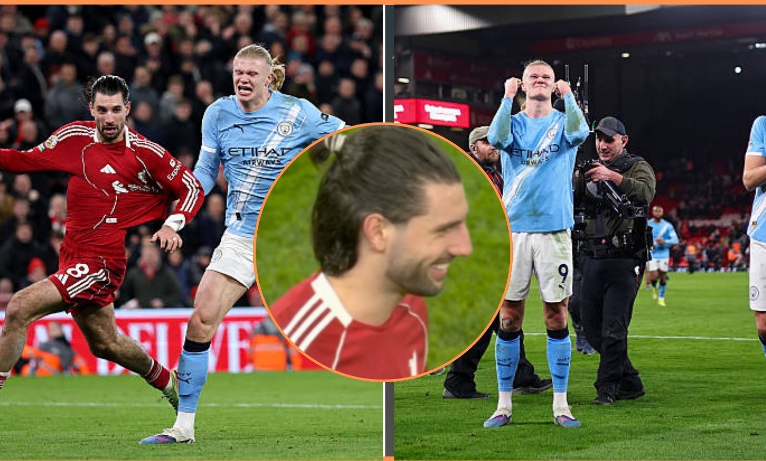 Split image of Erling Haaland celebrating and Dominic Szoboszlai pulling back Haaland with overlay of Szoboszlai anger at referee.