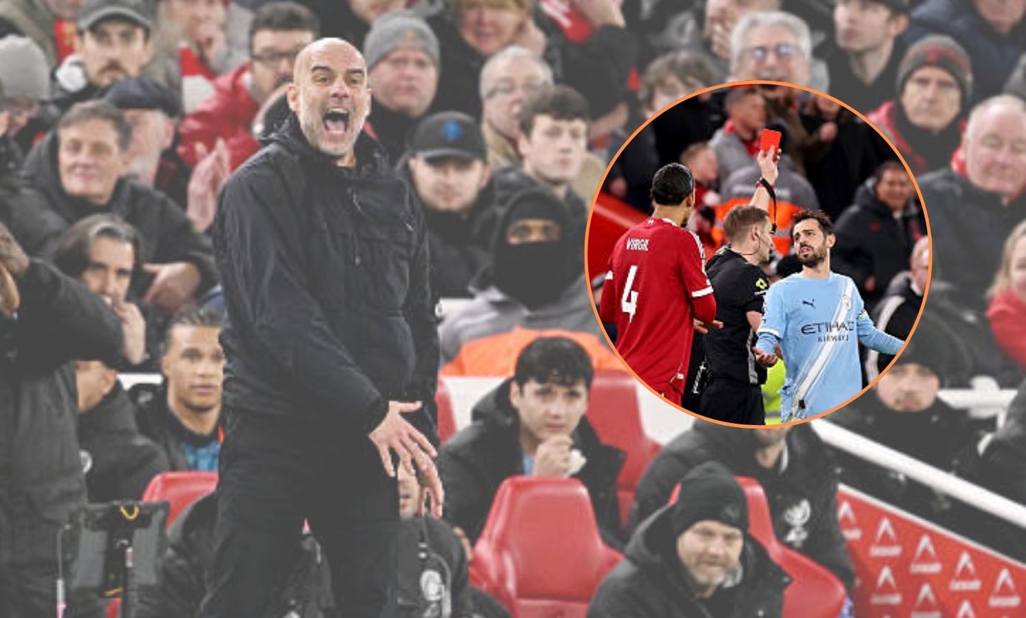 Image of Pep Guardiola vs Liverpool with overlay of Szoboszlai red card