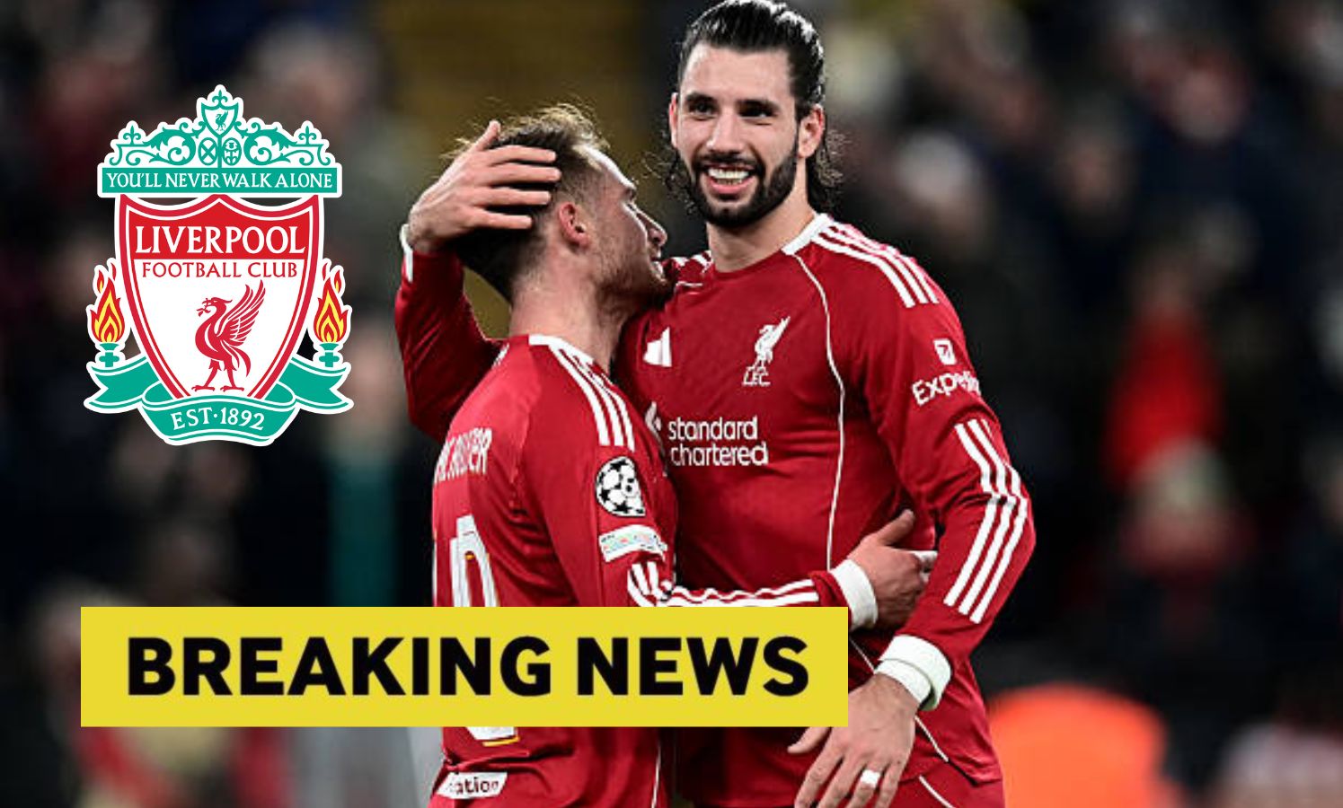 Liverpool's Alexis Mac Allister celebrates scoring his side's fifth goal with team-mate Dominik Szoboszlai during the UEFA Champions League 2025/26 League Phase MD8 match between Liverpool and Qarabag FK