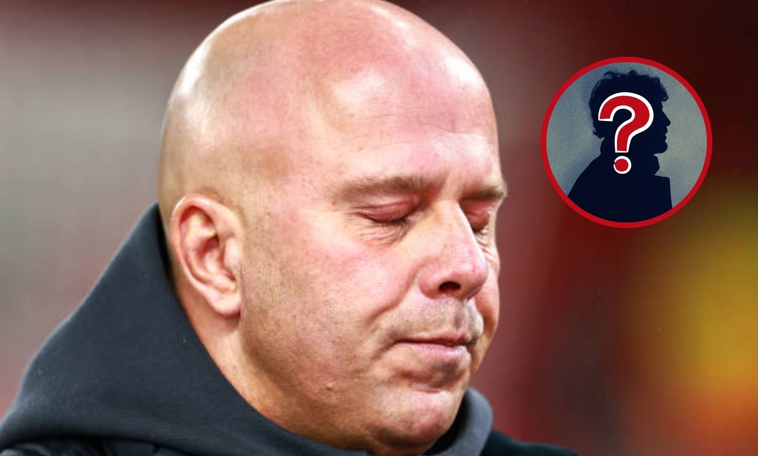 Liverpool manager Arne Slot looking dejected with overlay of mystery player