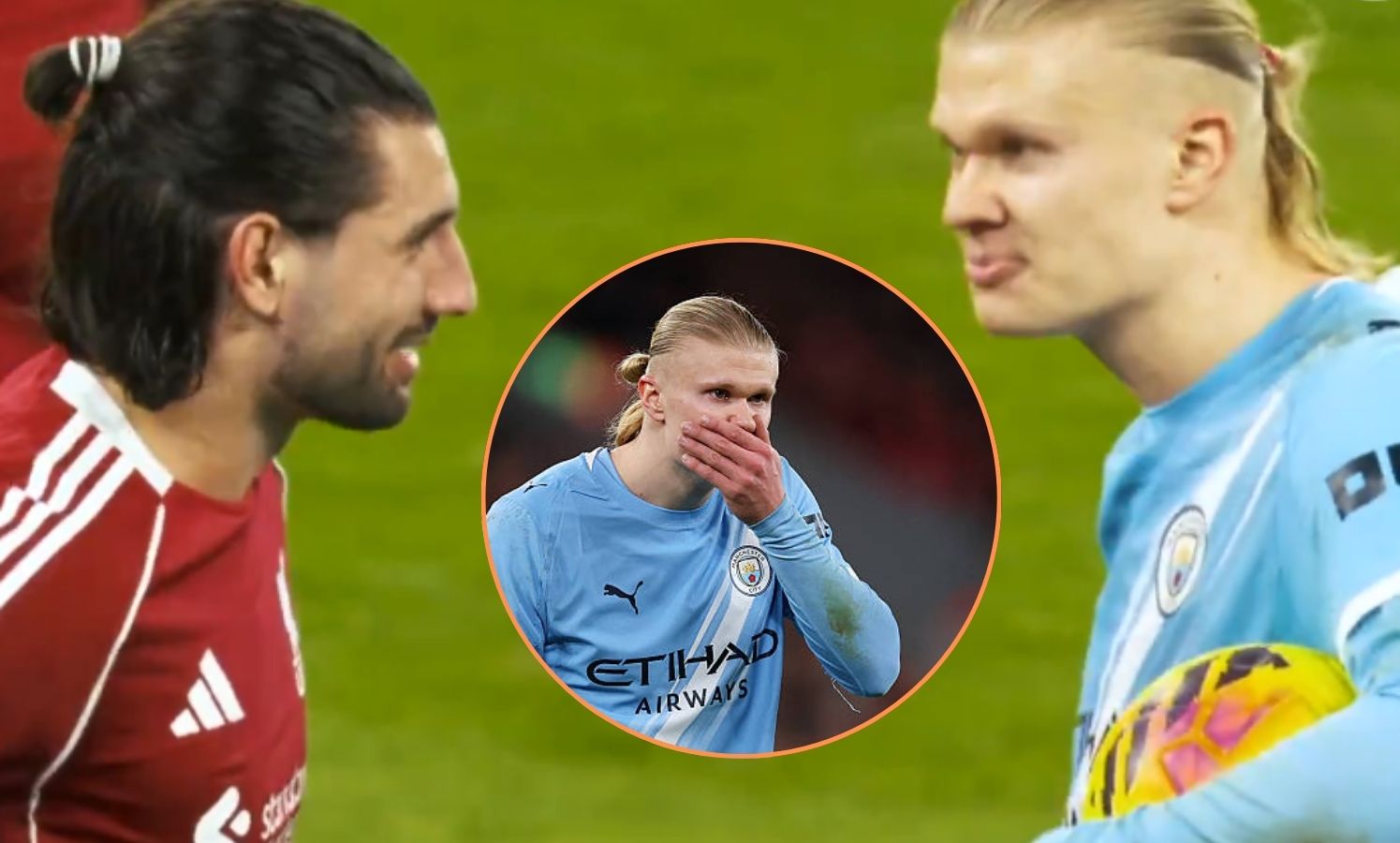 Screenshot from match footage of Dominic Szoboszlai trying to get in Erling Haaland's head before penalty and overlay of Erling Haaland