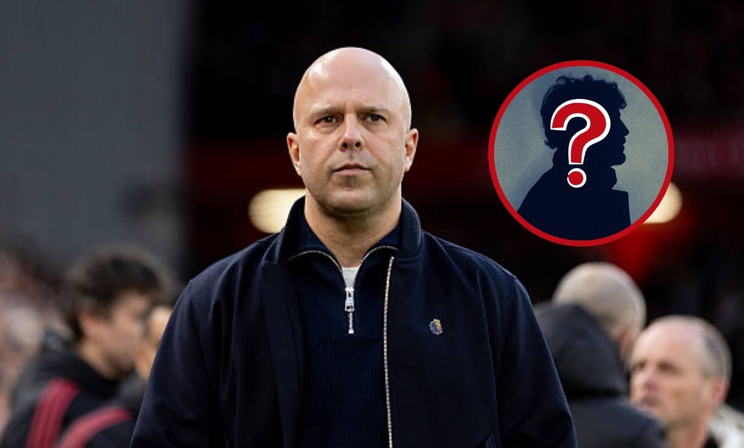 Arne Slot looks on prior to match between Liverpool vs Man City with overlay of mystery man