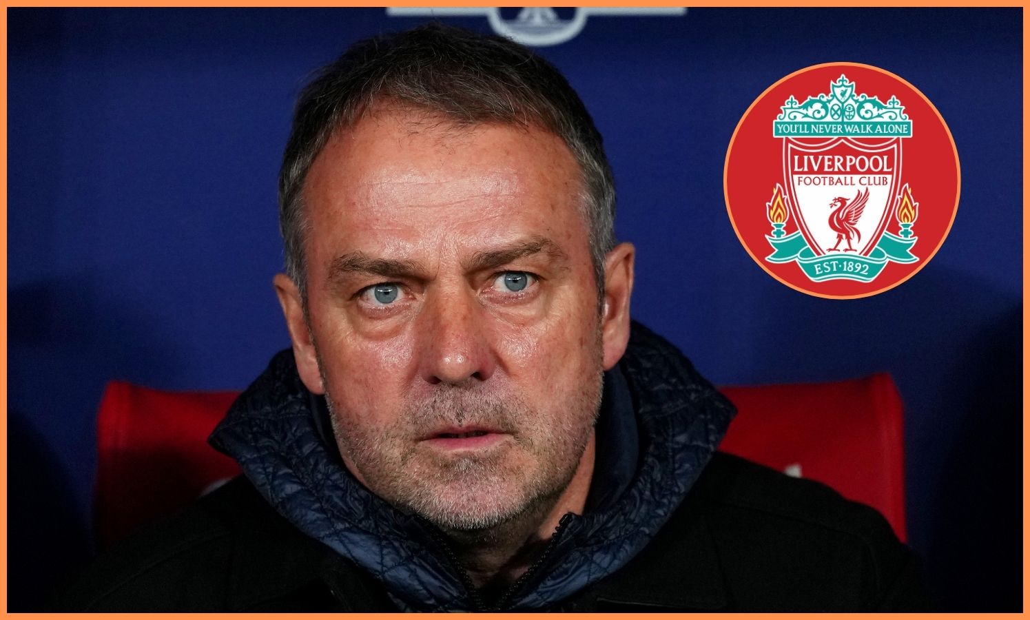 Hansi Flick and the Liverpool logo