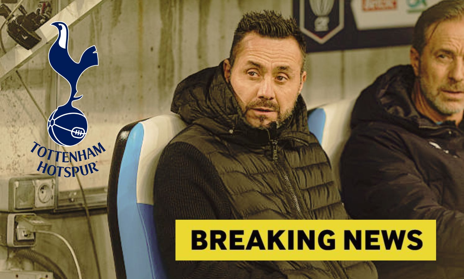 Roberto De Zerbi sitting on the sidelines for Marseille with overlay of Tottenham logo and breaking news
