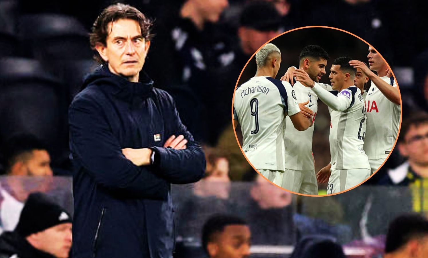 Thomas Frank looking on from the sidelines with overlay of Tottenham players including Cristian Romero