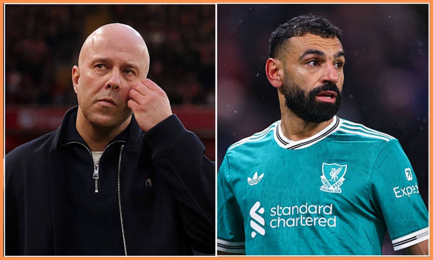 Split image of Arne Slot and Mohamed Salah