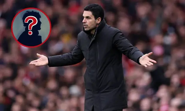 Mikel Areta on the touchline for Arsenal with overlay of mystery player
