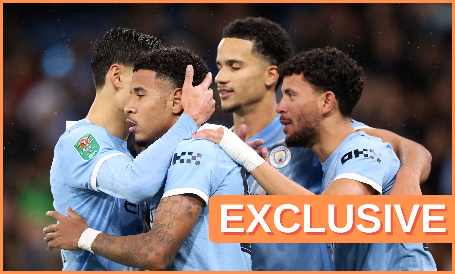 Savinho celebrates with his Manchester City teammates