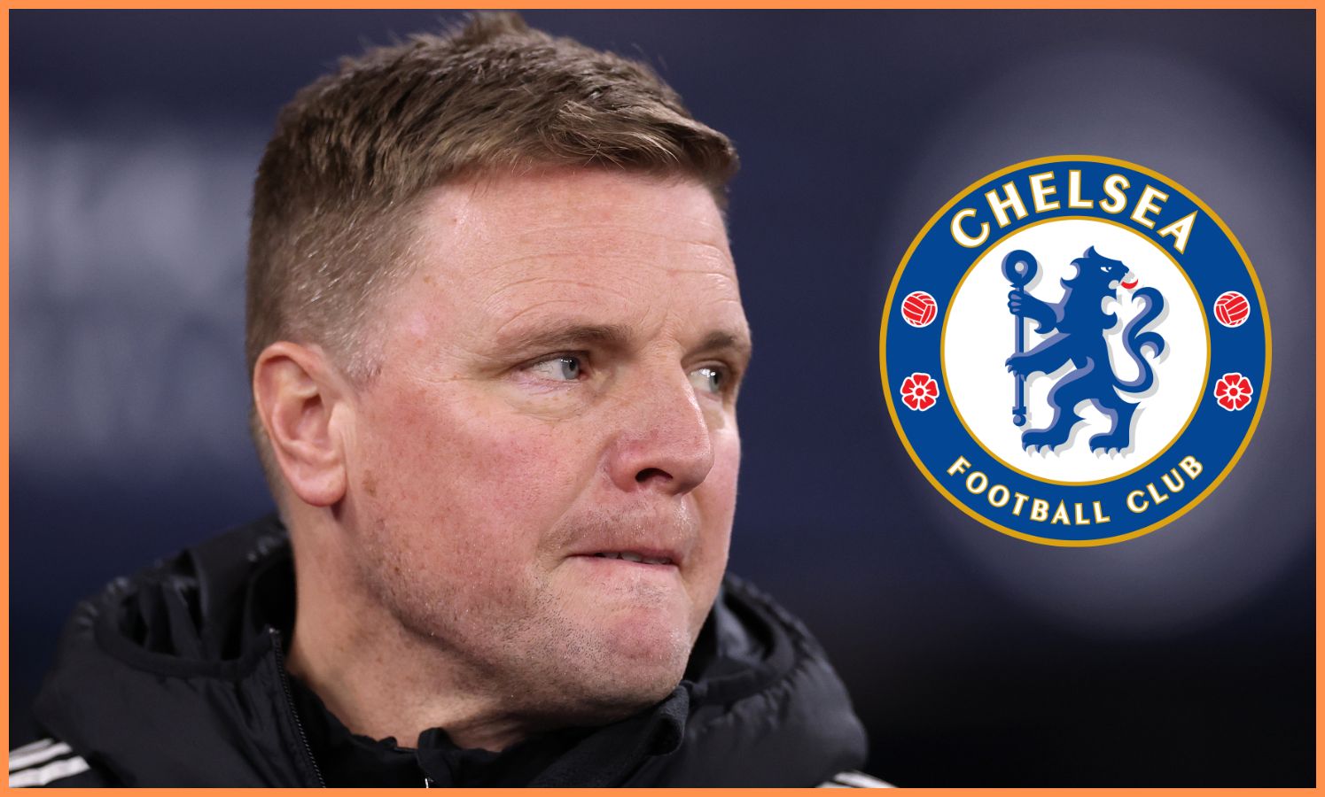 Newcastle manager Eddie Howe and the Chelsea logo