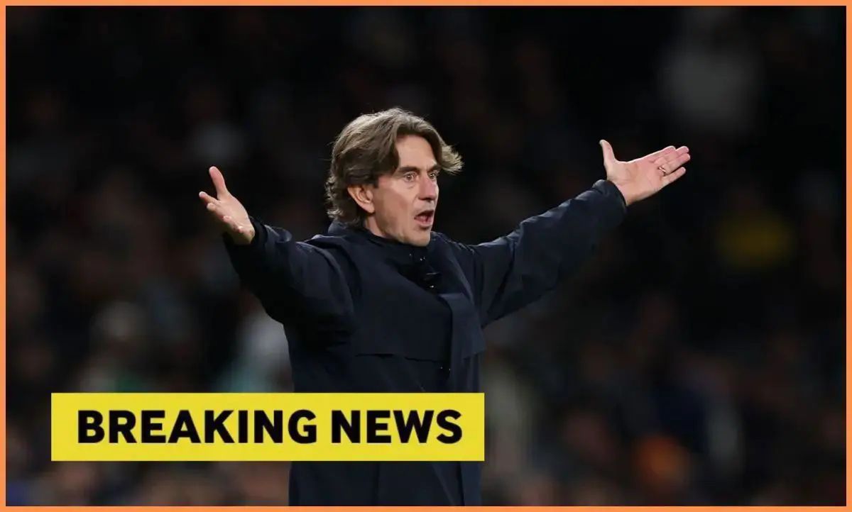Tottenham manager Thomas Frank with overlay of breaking news