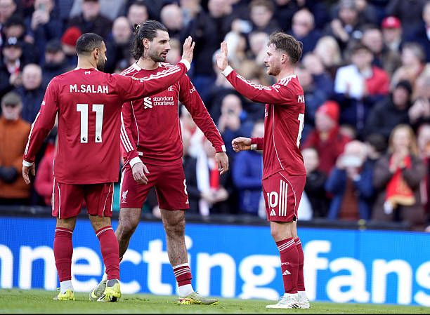 Alexis Mac Allister celebrating goal with teammates during 5-2 win over West Ham