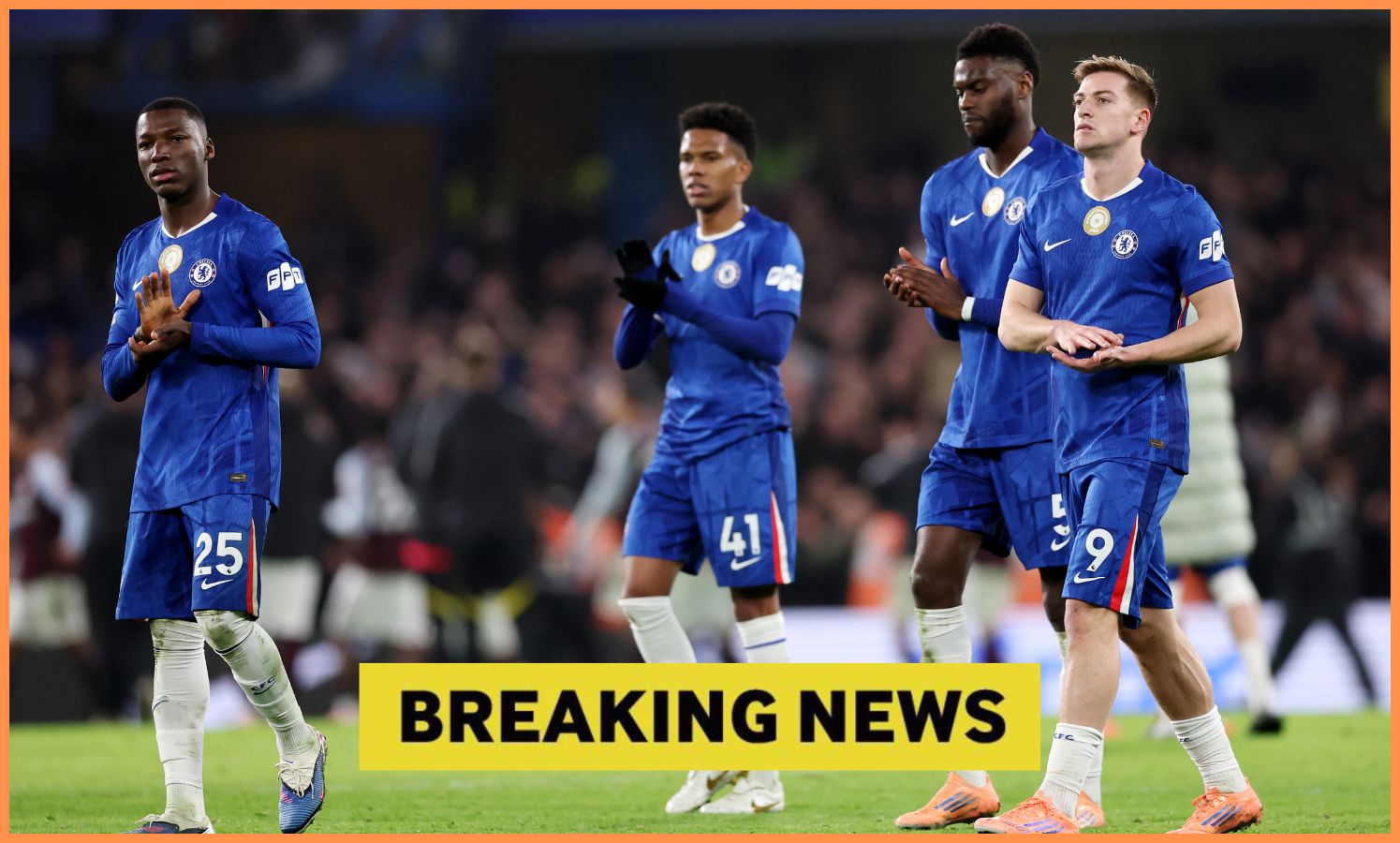 Liam Delap and his Chelsea teammates applaud the fans at Stamford Bridge