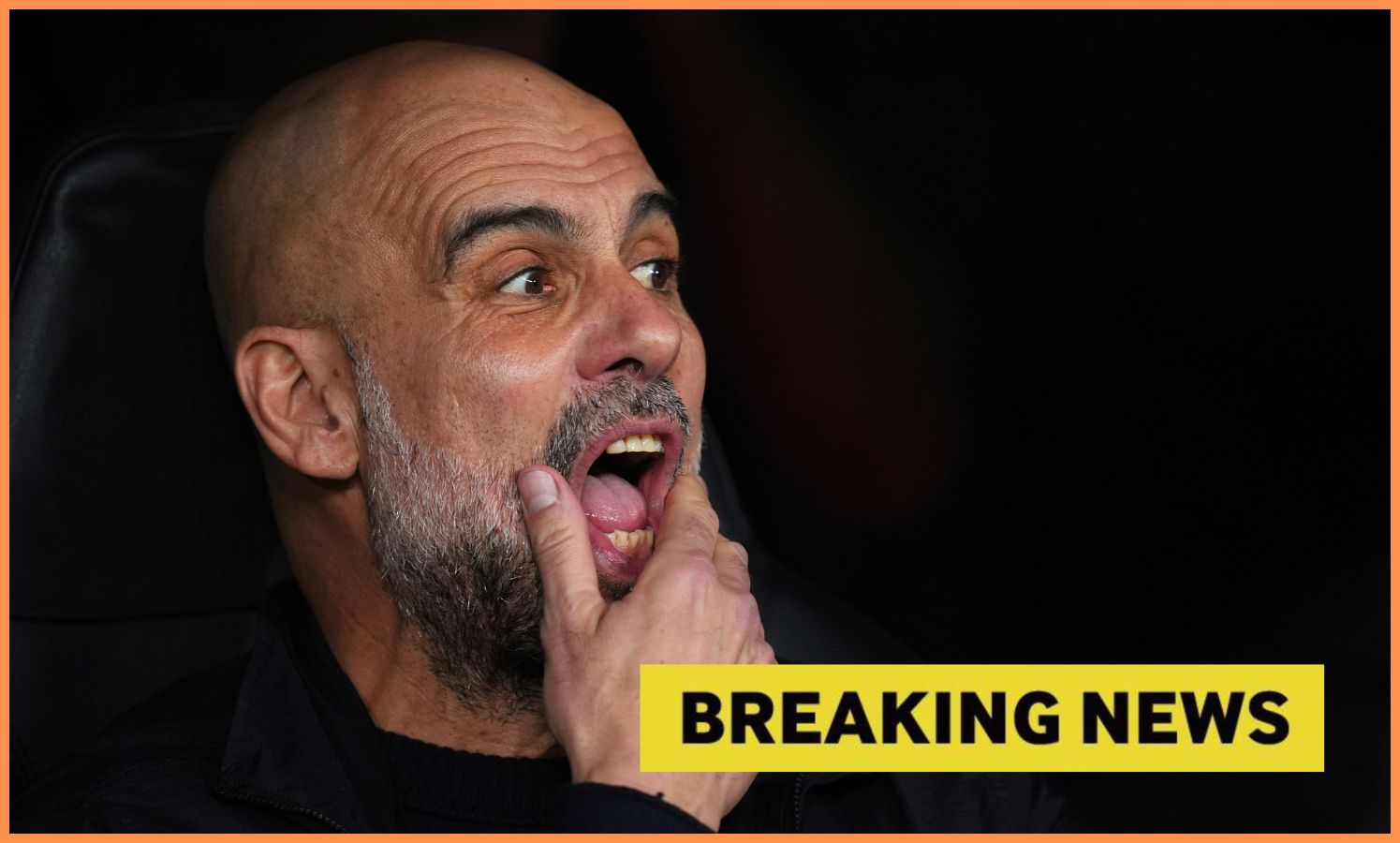 Pep Guardiola looks on, plus 'breaking news' banner