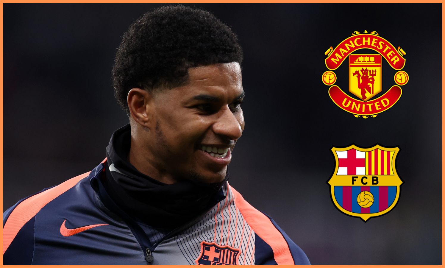 Marcus Rashford smiling during the pre-match warm-up for Barcelona
