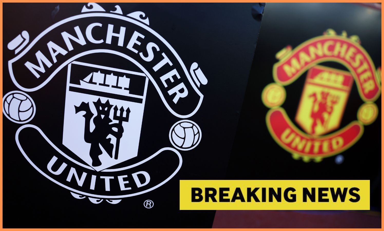 Manchester United club logo and 'breaking news' banner