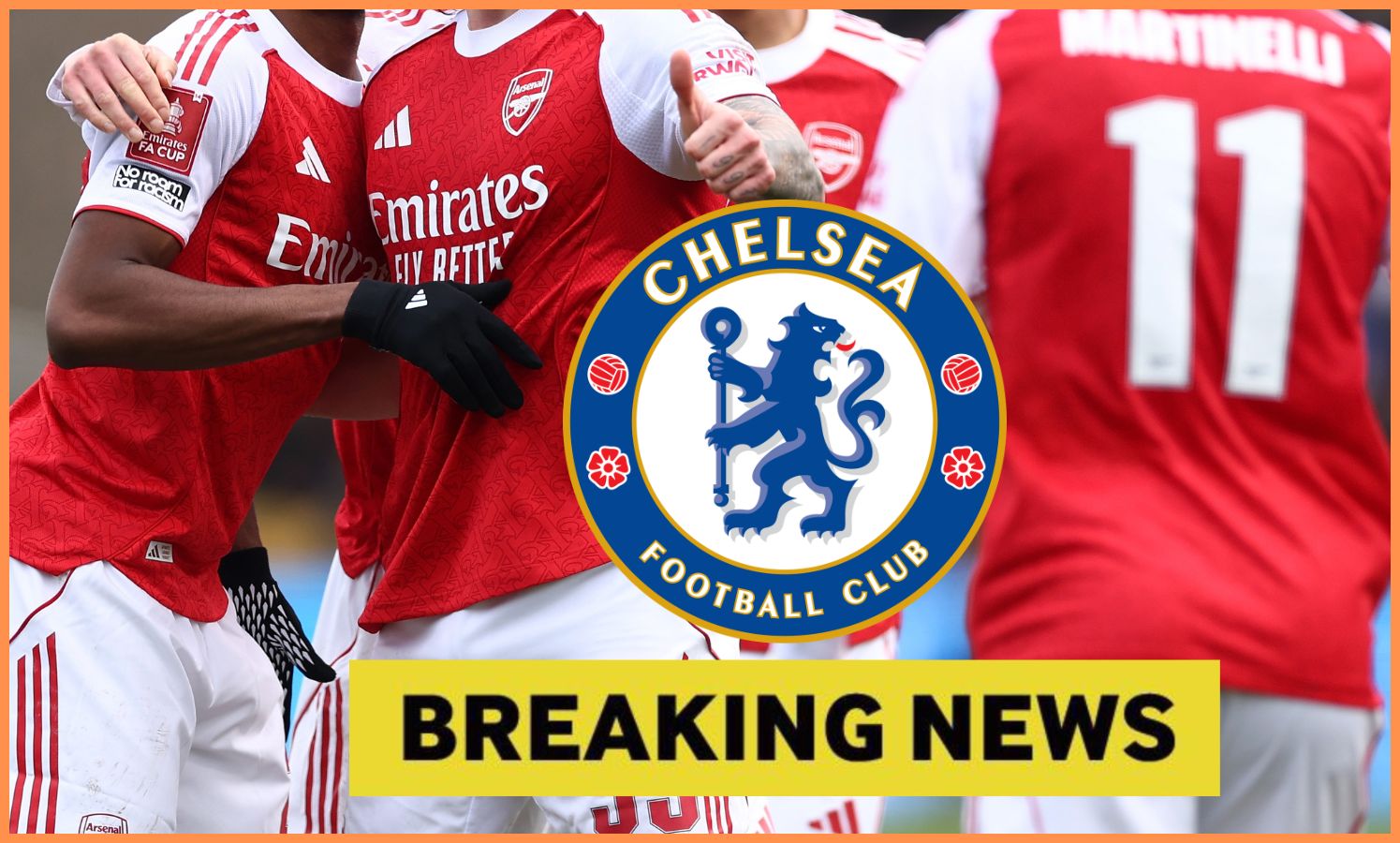 Arsenal players, Chelsea logo, and 'breaking news' banner