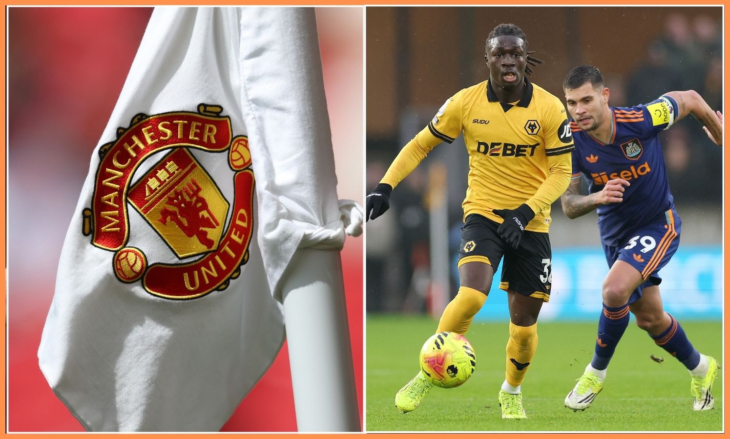 Mateus Mane, Bruno Guimaraes, and the Man United logo