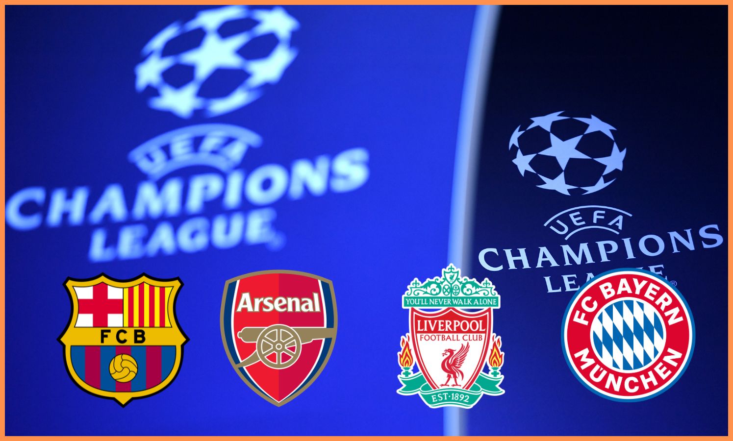 Champions League logo, plus Barcelona, Arsenal, Liverpool, and Bayern Munich badges