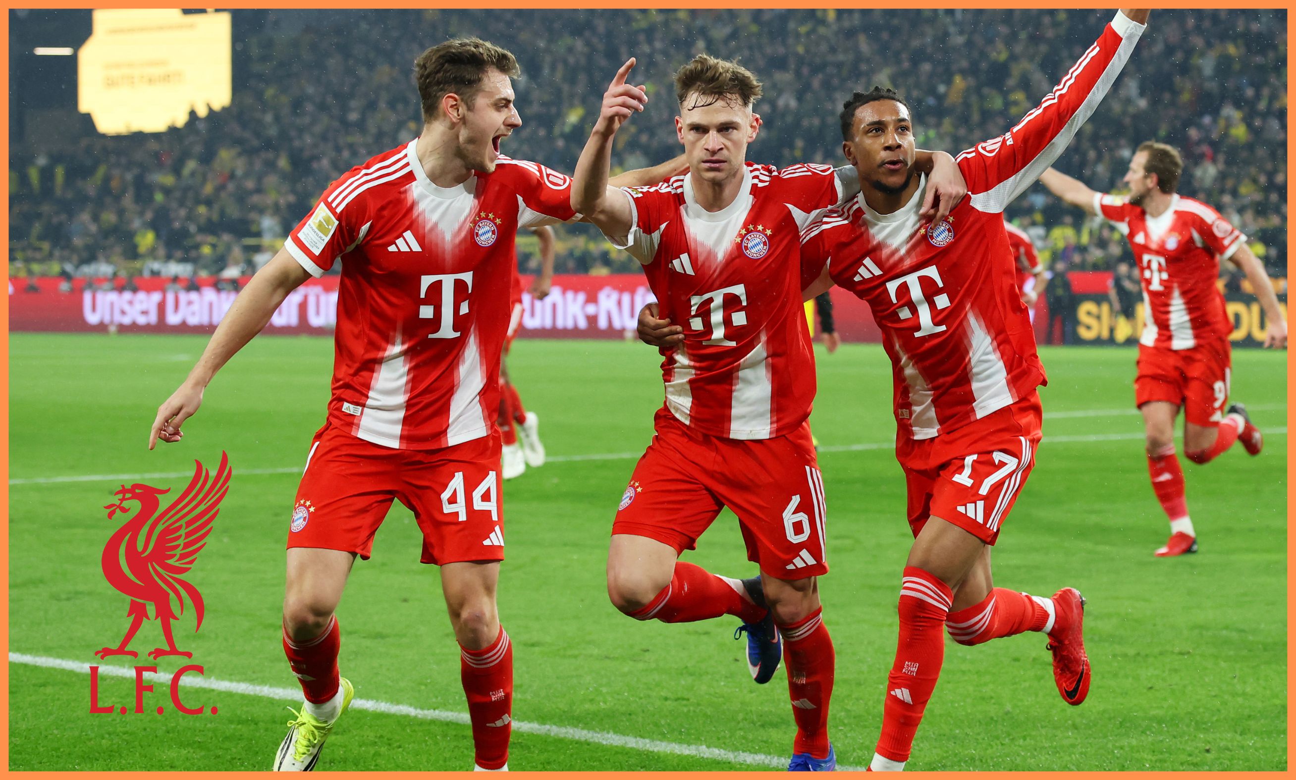 Michael Olise celebrates with his Bayern Munich teammates against Borussia Dortmund